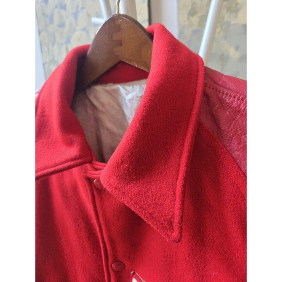 Vintage Men's Sz Large Red Varsity Letterman Leather Sleeves Bomber Jacket Coat - Picture 6 of 16
